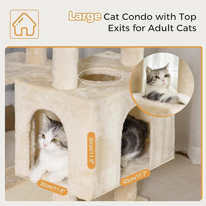 72” Cat Tree for Large Cats Big Cat Tower with Enlarged Hammock 21.6x17.7” Spacious Cats Condo House, Roomy Top Bed,Multiple Scratch Posts and Pad for Indoor Adult Cats (Beige, XLarge-72)