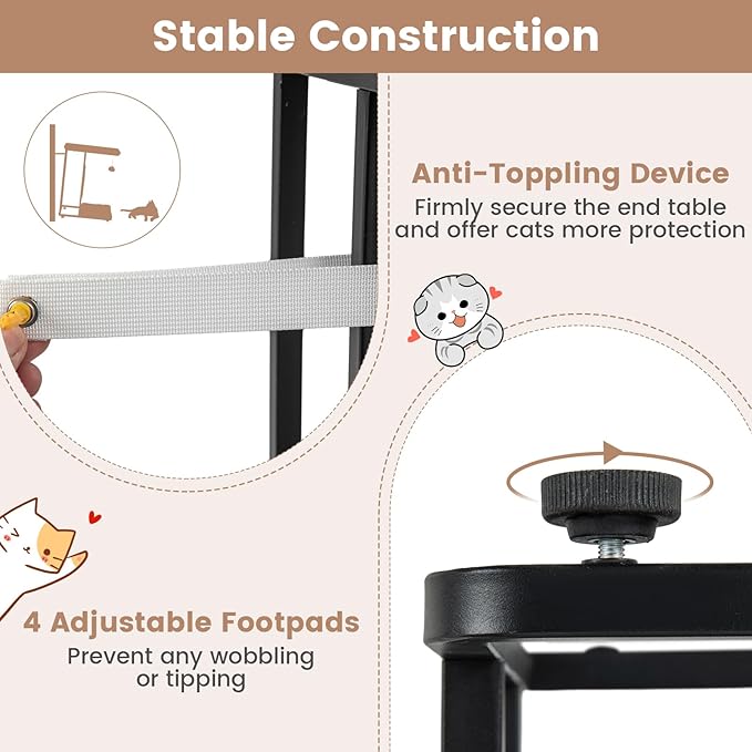 PETSITE Cat Tree and End Table, C-Shaped Small Cat Side Table with Scratching Pad, Removable Washable Cushion, and Jingling Hanging Ball, Modern Cat Furniture for Living Room Bedroom