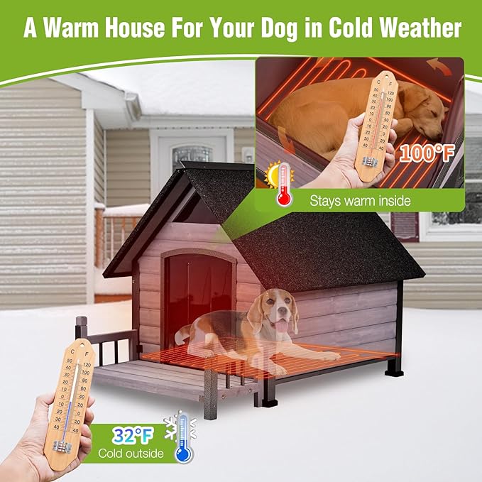 GUTINNEEN Heated Dog House for Outside Dog Kennel with Insulated Line and Heating Pad, Anti-Chewing Metal Frame Dog Shelter with Raise Floor and Waterproof Roof, Grey