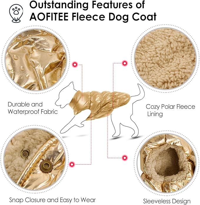 AOFITEE Dog Jacket, Dog Winter Coat, Warm Dogs Coat, Fleece Dogs Puffer Jacket, Windproof Waterproof Pet Snowsuit, Cozy Female Male Pet Snow Jackets Fleece Vest with Snap Closure, Gold, XL