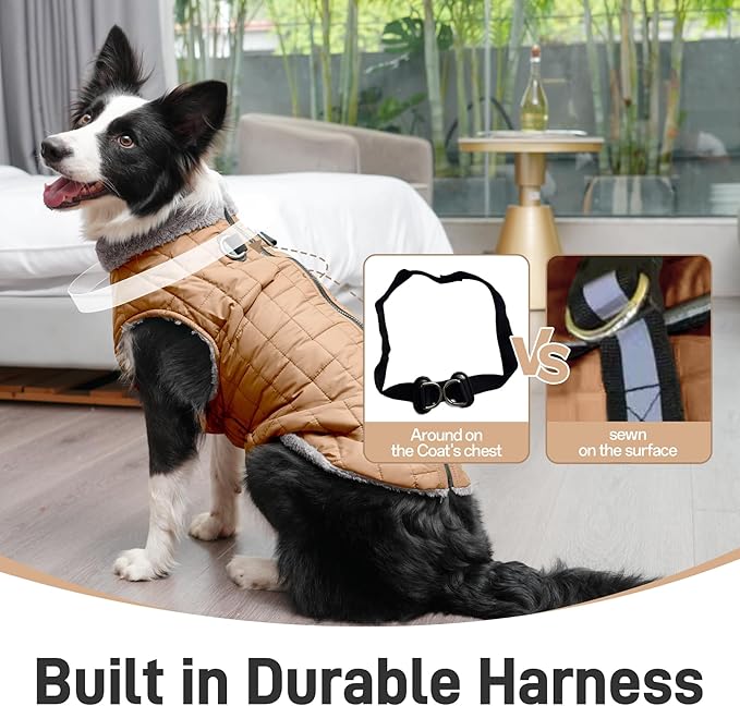 Warm Fleece Dog Coats with Durable Harness Buitl in D-Ring,Waterproof Doggie Jacket for Large Dogs,Dog Vest for Cold Winter,Burnished Khaki XXXL