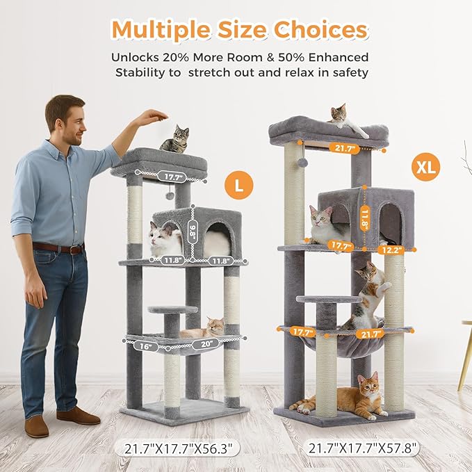 PETEPELA Cat Tree for Large Cats up to 30 lbs, 58" Heavy Duty Cat Tower with Reinforced Scratching Posts[ φ3.9”], Large Hammock, Spacious Condo & Top Perch, Sturdy Cat Furniture for Maine Coons, Grey