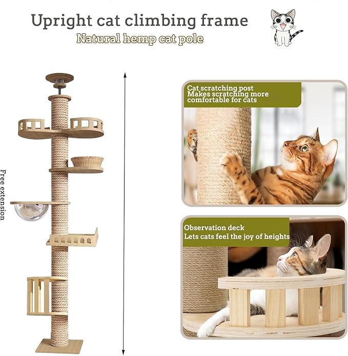 Mekidulu Floor to Ceiling cat Tree - Cat Tree Floor to Ceiling，Adjustable Height,Tall cat Tree with Width 4.33 in Scratching Post,Cat Hammock,Fully Wrapped with sisal Rope(240～250cm, 265-275cm T03)