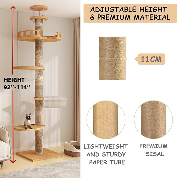 Sturdy Floor to Ceiling Cat Tree - Heavy Duty Solid Wood Column Cat Tower Adjustable Height 6-9.5ft Tall Cat Tower for Large Cats Modern Cat Activity Tree for Indoor Cats