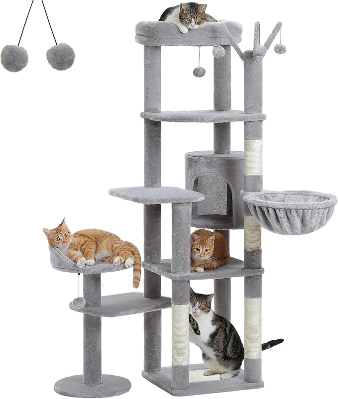 Large Cat Tree for Indoor Cats, 59" Tall Cat Tower with 3 Removable Pompom Sticks, Spacious Condo, Large Hammock and Scratching Posts, Sturdy Play House for Large Cats, Grey