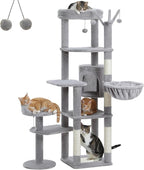 Large Cat Tree for Indoor Cats, 59" Tall Cat Tower with 3 Removable Pompom Sticks, Spacious Condo, Large Hammock and Scratching Posts, Sturdy Play House for Large Cats, Grey