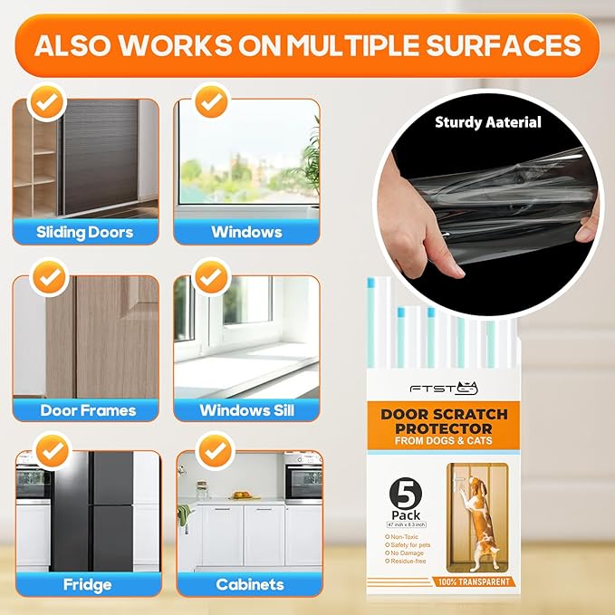 FTSTC 5-Pack Door Guard - 5 x 47'' x 8.3'' Cat & Dog Scratch Protector, Heavy Duty for Window Sill & Door Frame - Clear