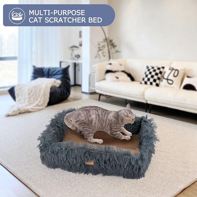 Fluffy Cat Scratcher Bed Box with Removable Cardboard, Corrugated Board Rectangular Cat Scratching Bed Lounge, Pet Scratch Pad for Furniture Protection (Dark Gray)
