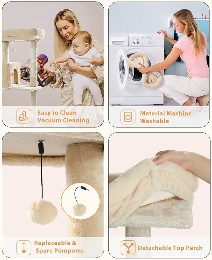 PEQULTI Cat Tree for Large Cats with Metal Frame Big Hammock, Cat Tower for Indoor Cats with 2 Door Condo House, [56.3"=143cm] Multi-Level Cat Shelves with Scratching Posts and Top Perch, Beige