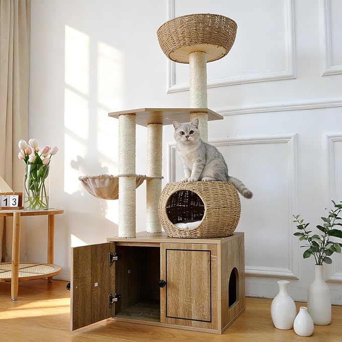 56.7" Tall Rattan Cat Tree for Indoor Cats, Multi-Level Wooden Cat Tower with Scratching Posts, Large Cat Climbing Furniture with Perches