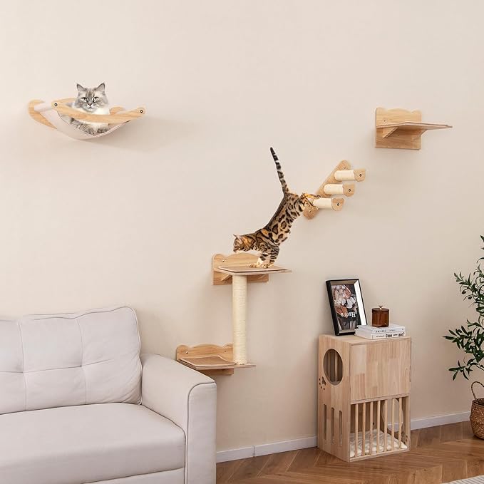 Tangkula Cat Wall Shelves, 4 Pieces Wooden Wall Mounted Kitten Furniture Set with Hammock, 2-Step Cat Tree, Non-Slip Pads, Sisal Stairs & Scratching Posts, Modern Cat Climber Steps (Natural)