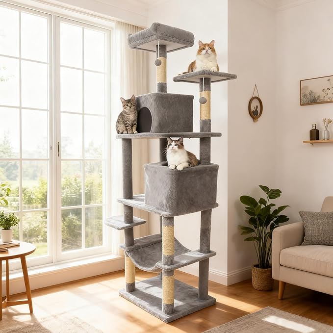 PETSITE Multi-Level Cat Tree, 75 Inches Tall with Sisal Scratching Posts, 2 Condos, Hammock, Dangling Balls, and Cozy Top Perch, Ideal for Indoor Cats to Play and Rest (Grey)