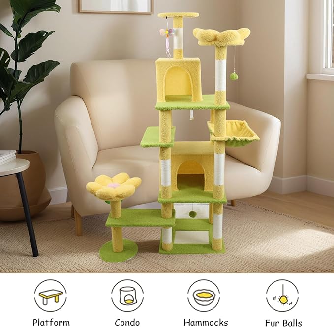 71 inch Flower Cat Tree, Multi-Level Cat Tower with Large Condo Removable Flower Cushion and Hammock, Tall Cat Tree for Indoor Large Cats Climbing, Scratching, and Play (Yellow)