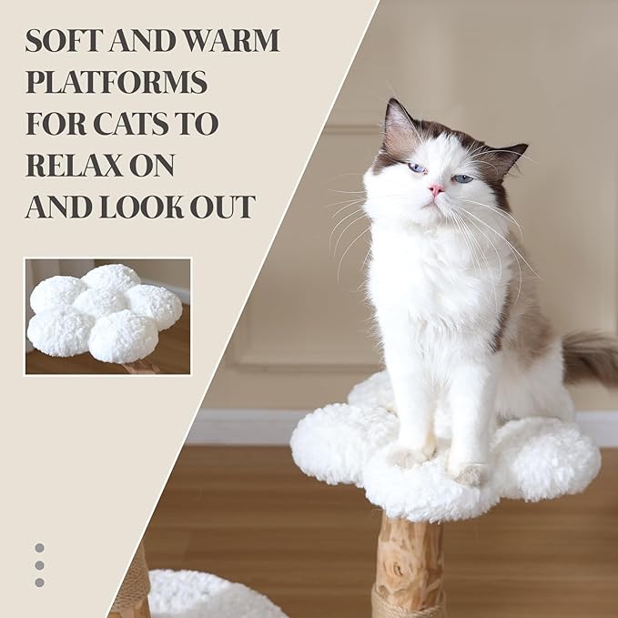 47-Inch Natural Wood Cat Tree for Cats, Modern Cat Tower with Multiple Platforms, Sisal Posts, Handwoven Bed, White Cushions