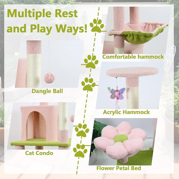 71 inch Flower Cat Tree, Multi-Level Cat Tower with Large Condo Removable Flower Cushion and Hammock, Tall Cat Tree for Indoor Large Cats Climbing, Scratching, and Play (Pink)
