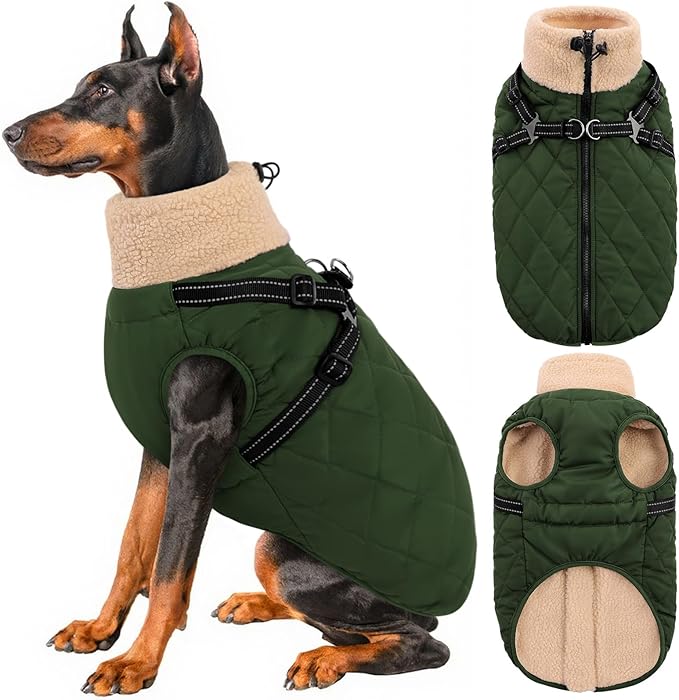 Queenmore Dog Coats for Large Dogs, Dog Jacket, Warm Fleece Winter DogCoat with Harness Built in, Back Zipper Pet Jacket for Large Breeds, Thick Fleece Lining Pet Snowsuit, ArmyGreen 2XL