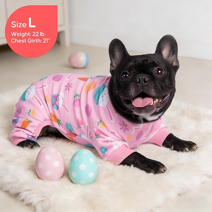 KYEESE Easter Dog Pajamas, Soft Dog Pajamas for Small Dogs Girl, Stretchy Dogs Pjs Velvet Pet Jumpsuit with Eggs & Bunny Pattern, Comfy Lightweight Pet Outfit, Pink, M