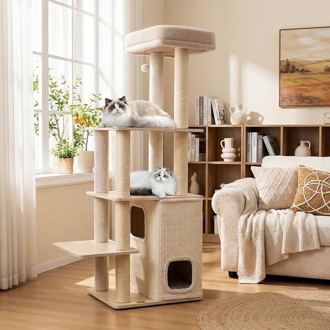 Tangkula Tall Cat Tree, 63 Inch Multi-Level Wood Cat Tower with Sisal Scratching Posts & Mat, 2-Story Condo, Plush Padded Top Perch, Dangling Ball, Modern Cat Tree Tower for Indoor Cats Large Adult