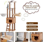 61'' Wooden cat Tree with cat Condo, Cat Stairs Scratching Posts, 2 Bowl,Sisal Scratching Posts,Cozy Cat Hammock and Top Perch. Cat Tree for Large Cats.