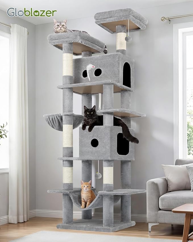 Globlazer Heavy Duty Cat Tree Tower 80in Tall Extra Large Cat Tree Tower for Multiple Indoor Cats Large Adult with Scratching Posts, 2 Spacious Condos, Padded Perches, Soft Hammock, S80B, Light Grey