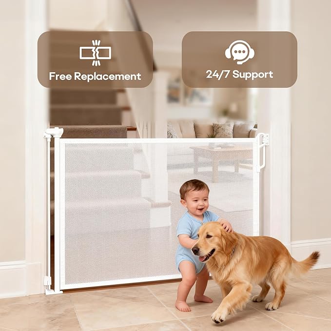 Retractable Safety Baby Gate or Mesh Dog Gate,Durable Portable Mesh Retractable Gate,Easy to Use for Stairs, Doorways, Hallways, Indoor, Outdoor, 33.5" Tall, Extends to 55" Wide,White