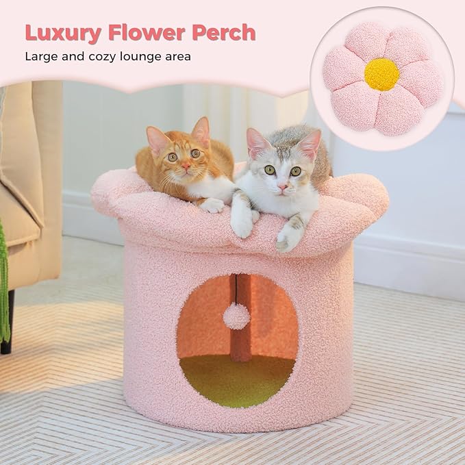 PETEPELA Cactus Cat Tree for Indoor Cats, 32'' Small Cat Tower+Cat Beds for Indoor Cats with Removable Flower Cat Bed