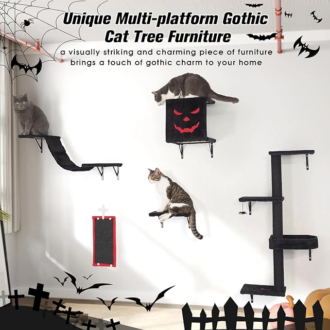Wall Mounted Cat Furniture - 5pcs Cat Wall Shelves, Luxury Stable Wooden Climber with Cat House, Bridge, Tree, Steps, and Scratcher