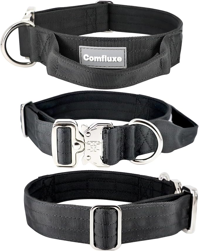 Tactical Dog Collar, 1.5" Wide Thick Heavy Duty Dog Collar with Handle, Soft Neoprene Padded Military-Grade Nylon Training Collar with Quick Release Metal Buckle for Large Dogs(Black, L,XL)