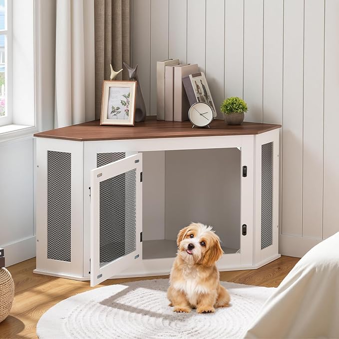 Corner Dog Crate Furniture, Wooden Dog Kennel End Table, Decorative Pet Crate Indoor Use, Furniture Style Dog House for Small Medium Dog, Dog Cage TV Stand, White and Walnut DCBA0801