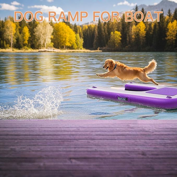 ALIFUN Inflatable Dog Ramp Floating Dock Water Raft Ladder for Pool, Boat, Non-Slip EVA Floating Ladder for Dog Up to 220 LBs Purple 140CM Length (Black-Purple, for Large Dogs Up to 230 lbs)