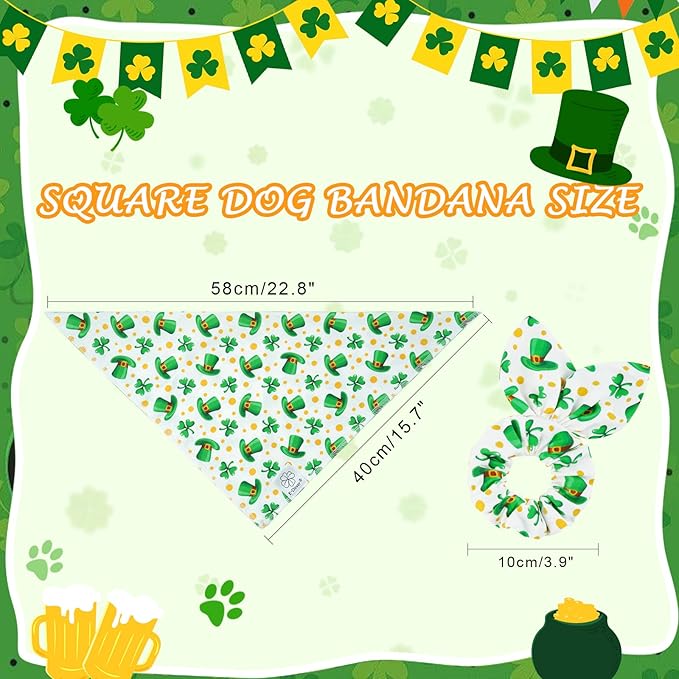 E-Clover St Patricks Day Dog Bandana & Matching Scrunchie Set Cute Girl Dog Scarf Bibs Pet Bandanas with Bow Tie for Small Dogs Puppy Owner Mom Green