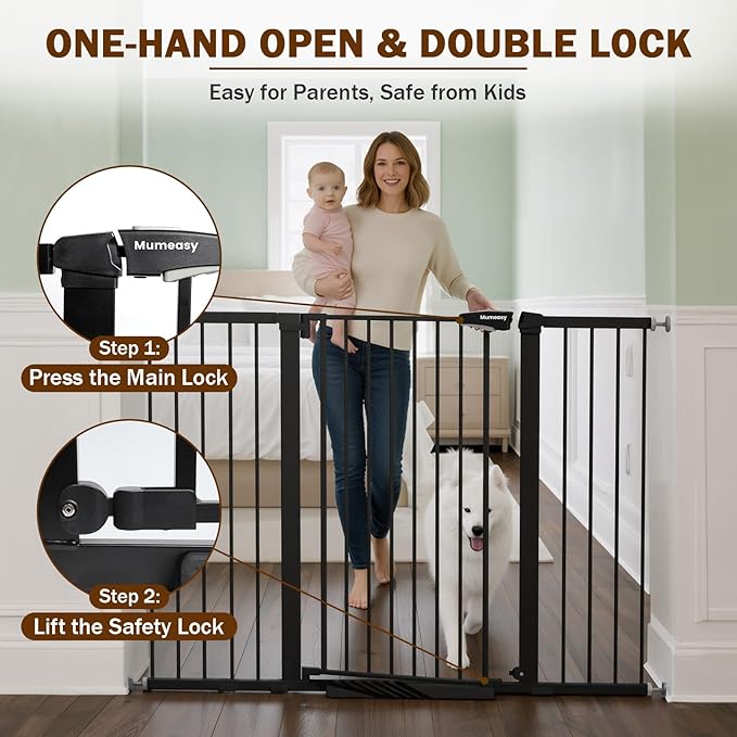 Mumeasy 36" Extra Tall Baby Gate for Doorways, 29.7"-57" Extra Wide Dog Gate for Stairs, Pressure Mounted Auto Close Pet Safety Gate with Easy Walk Thru Door, Large Indoor Child Gate for House, Black