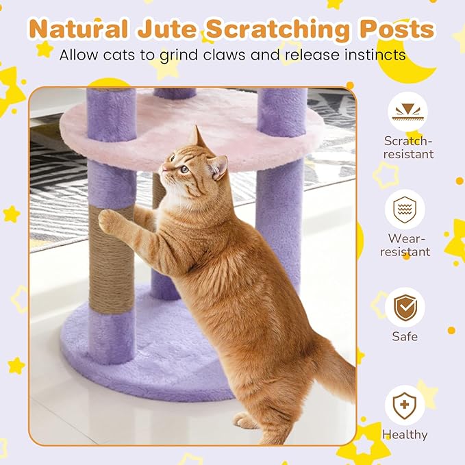 Tangkula Cute Cat Tree, 29 Inch Multi-Level Cat Tower with Jute Scratching Posts, Star & Moon Shaped Platforms, Perch Dangling Toy, Cat Climbing Furniture for Indoor Cats (Purple)
