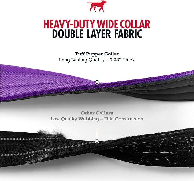 Tuff Pupper Heavy Duty Tactical Dog Collar | 1.5" Wide Ballistic Nylon | Reflective Stitching | Integrated ID Tag Holder | Stainless Steel Buckle | Padded Lining | Medium & Large Dogs (Purple, Medium)