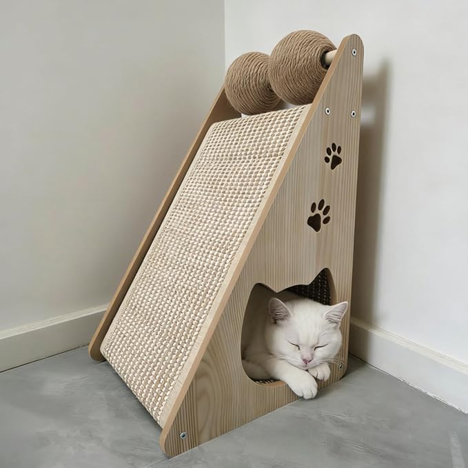 Sisal Cat Scratcher Ramp, Scratching Post Vertical Cat Toy Scratch Pad with Balls for Indoor Cats, Solid Wood Cat Furniture