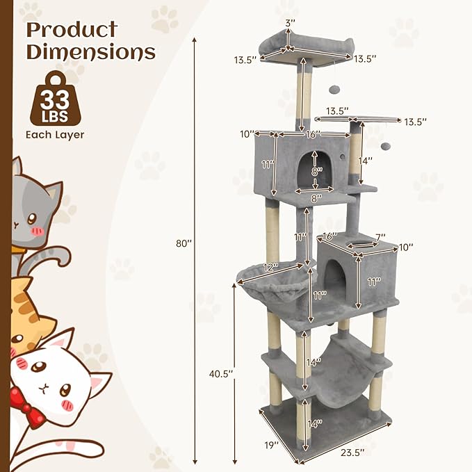 Tangkula 80 Inch Tall Cat Tree, Multi-Level Cat Tower with Sisal Scratching Posts, 2 Condos, Plush Perch, Hammock, Basket, Dangling Toys, Cat Climbing Furniture for Indoor Cats (Light Gray)