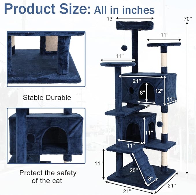 Cat Tree 70 Inches Cat Tower for Indoor Cats Multi-Level Cat Condo with Litter Box Enclosure,Scratching Posts for Indoor Cats (Navy Blue)