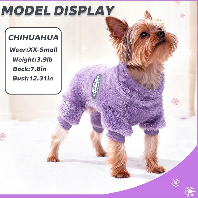 Fleece Dog Pajamas Winter Warm Dog Sweater for Small Dogs Thermal Soft Puppy Pjs Coat Stretchy Jumpsuit Doggie Pet Clothes Outfits Cat Apparel (Purple, Large)