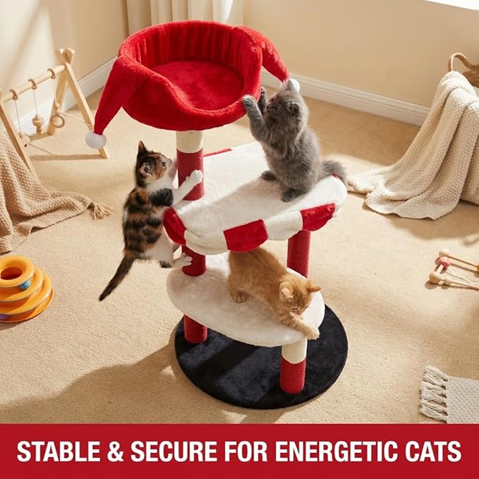 3-Tier Cat Tree, Modern Senior Friendly Cat Tower with Wide Shelves, Scratching Posts, Super Sturdy Base, Cozy Perches, and Interactive Toys for Indoor Kittens, 44.5'' Red & White