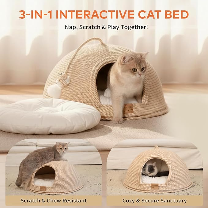 CHEERPALS Cat Cave Bed for Indoor Cats, 3 in 1 Cat House with Washable Cushion and Ball, Scratcher Bed, Cute Rope Bed for Kittens and Large Cat(White)