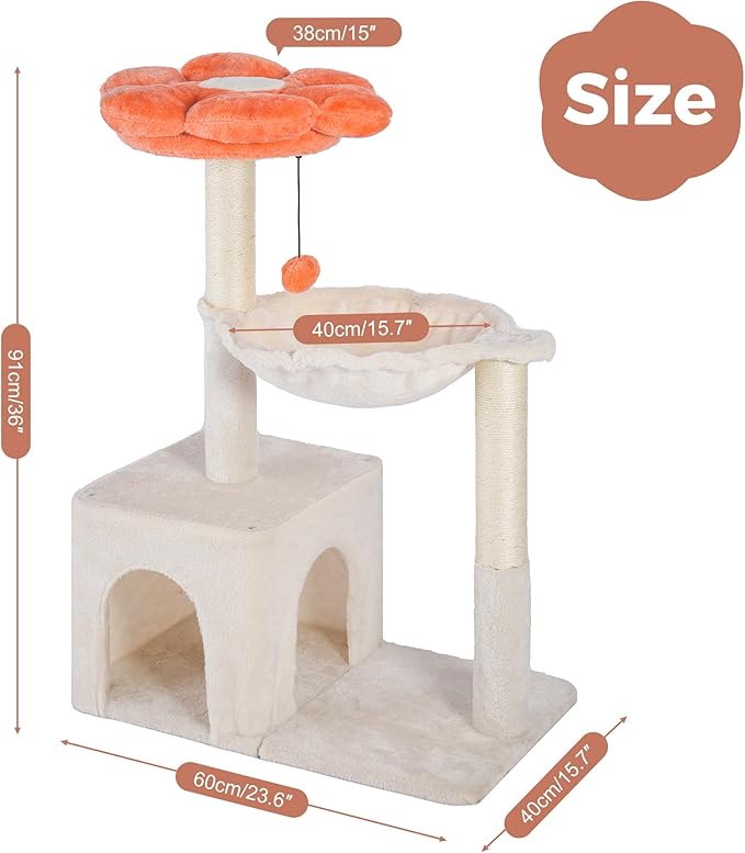 Flower Cat Tree with Large Hammock & Large Cat Scratching Post with Big Perch Double The Fun, Double The Comfort