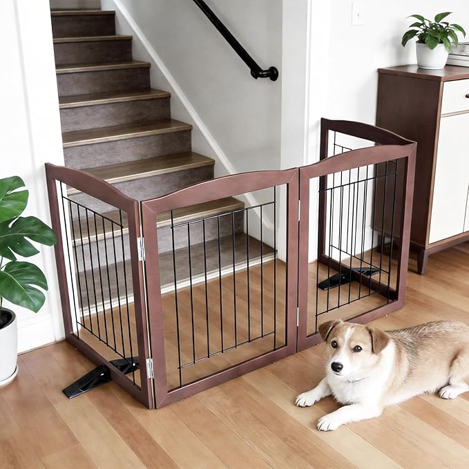 Dog Fence Indoor,Dog Gate Indoor for Doorway pet gate -2-Panel Freestanding, Hallways, House or Stairs -40x32-Inch Retractable Foldable Expandable Wood Pet by SFJC (Brown) ﻿