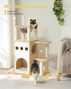 42.5" Modern Wooden Cat Tree with 2-Story Condo, Scratching Posts, Capsule Nest & Dangling Balls - Sky City Design Indoor Furniture for Cats, Beige