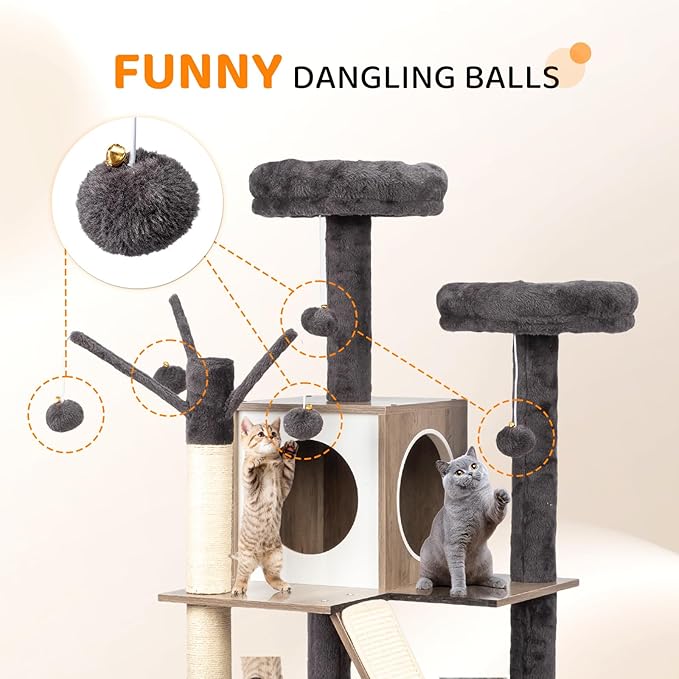 VINGLI Cat Tree Tower with Litter Box, 54" H All-in-1 Wooden Cats Condo, Cat Tower wih Scratching Posts, Houses for Indoor Kittens Hidden Cat Washroom Furniture, Gray (Large-54 H)