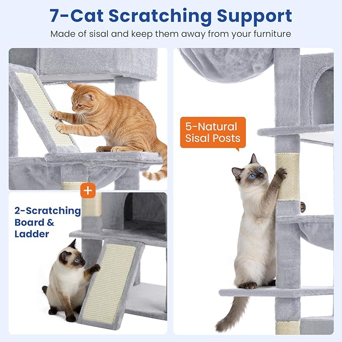 Cat Tree 82 in Multi-Level Cat Tower for Indoor Cats, Heavy Duty Large Cat Tree with Sisal Scratching Posts, Hammock, 2 Perches, 2 Condos, 2 Hanging Baskets, Light Grey