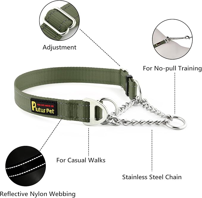 Plutus Pet Martingale Dog Collar with Stainless Steel Chain and Reflective Nylon, Adjustable No Pull Training Collar, for Small Medium, and Large Dogs, Ranger Green, L