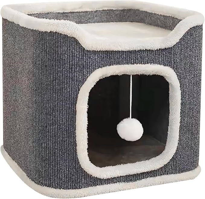 Cat Villa Cat House,Cat House Soft and Durable Multi-Level Cat Villa Cozy Sisal Cat Tower with Scratching Post,Warm Condo Nest for Sleep,Rest Play Ideal for All Seasons (Gray, Small)