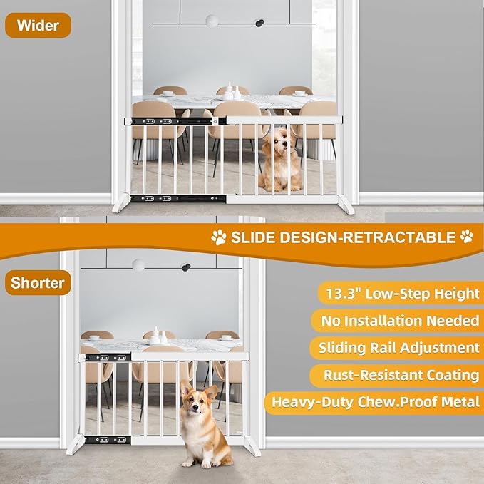 White Metal Dog Gate for Small Dogs - 13.3" Short Freestanding Puppy Gate with Retractable Sliding Rail, No Installation, Indoor/Outdoor Use, Foldable & Portable Pet Barrier