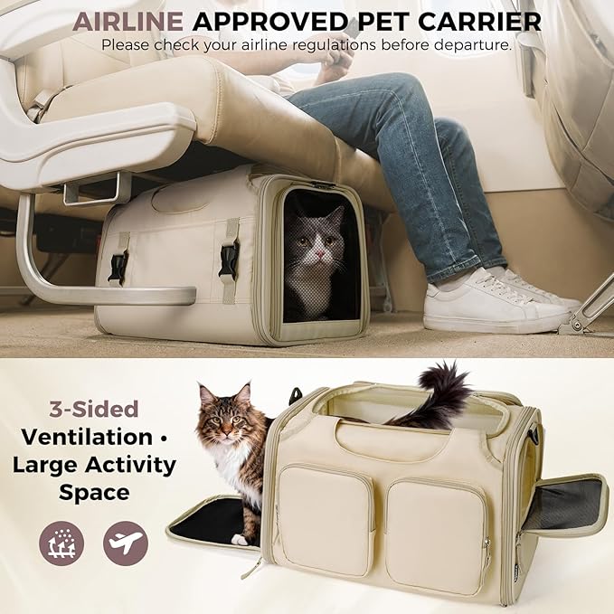 Dog, Cat Carrier for Pets Up to 12 Lbs, Airline Approved Collapsible Soft-Sided Pet Travel Bag with Locking Zippers, Breathable Mesh and 4 Large Pockets, Removable Fleece Pad (Beige)