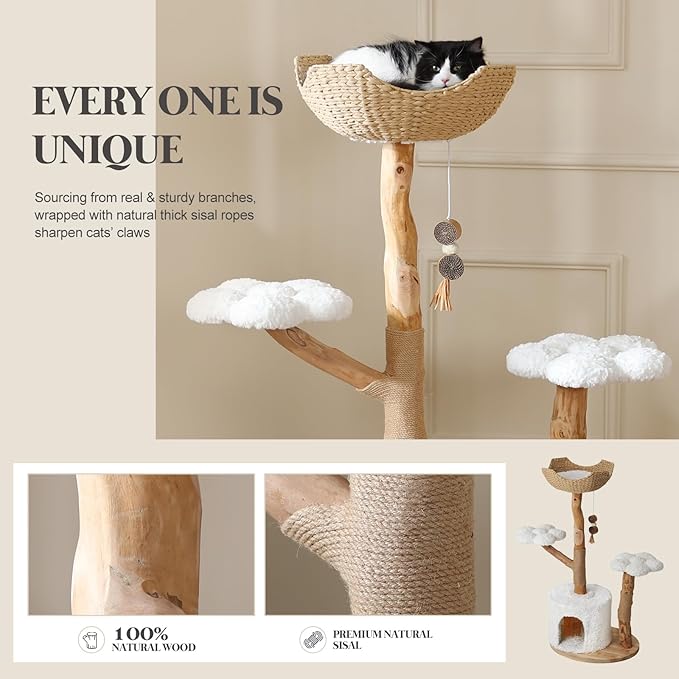 47-Inch Natural Wood Cat Tree for Cats, Modern Cat Tower with Multiple Platforms, Sisal Posts, Handwoven Bed, White Cushions